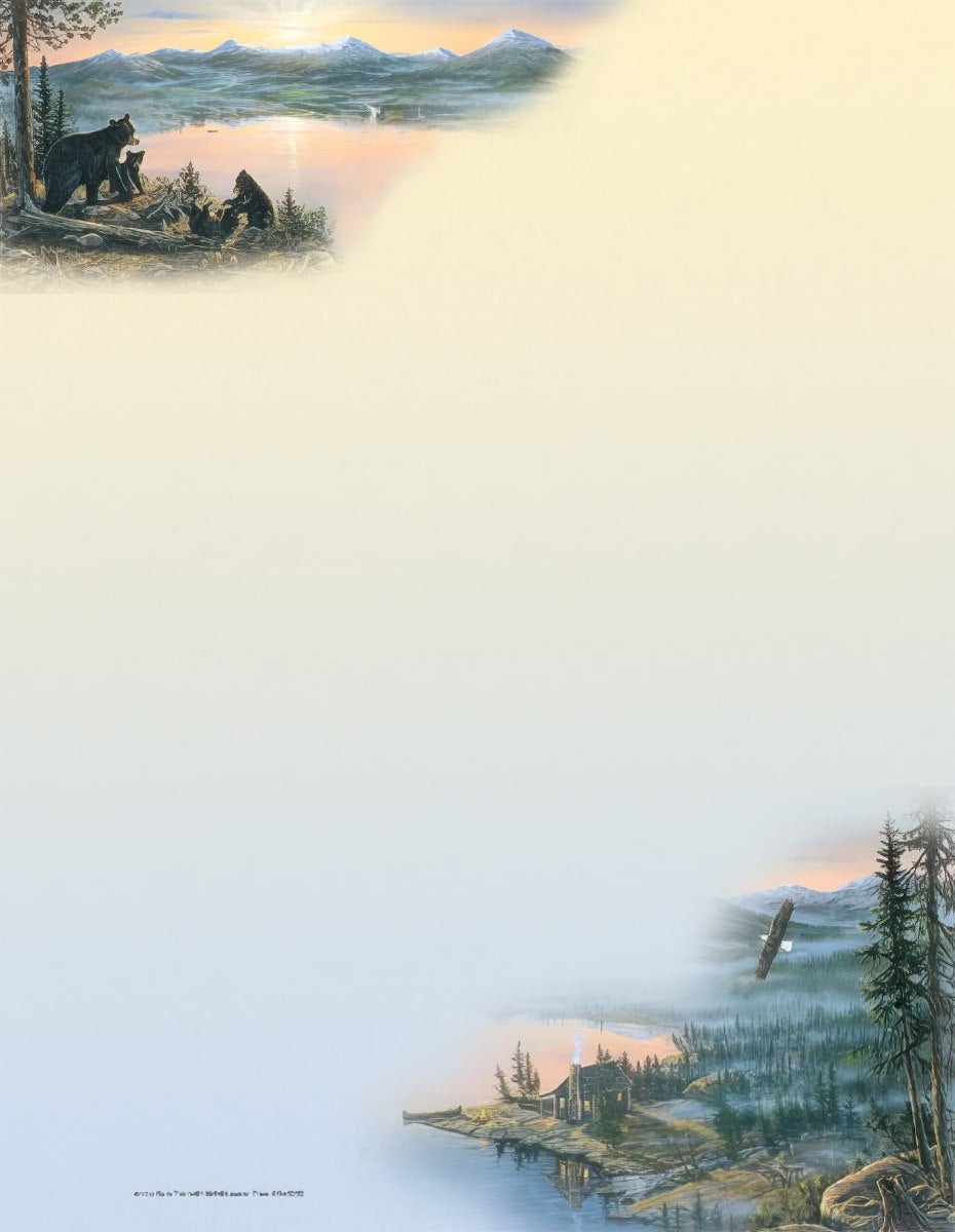 Scenic nature stationery featuring a tranquil lake, towering mountains, a mother bear with two cubs, a rustic lakeside cabin, and an eagle soaring at sunset. Perfect for inspiring writing.