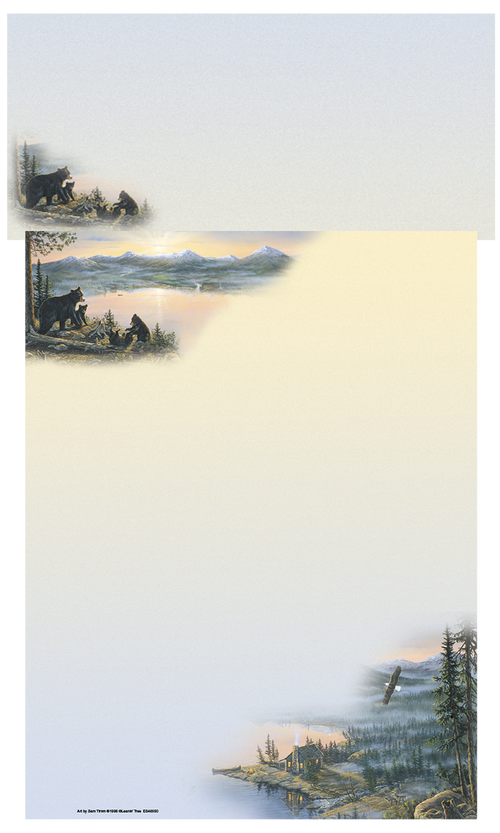 High-quality writing paper with a serene wilderness design, including bears, a mountain lake, a distant cabin, and an eagle against a sunset sky.