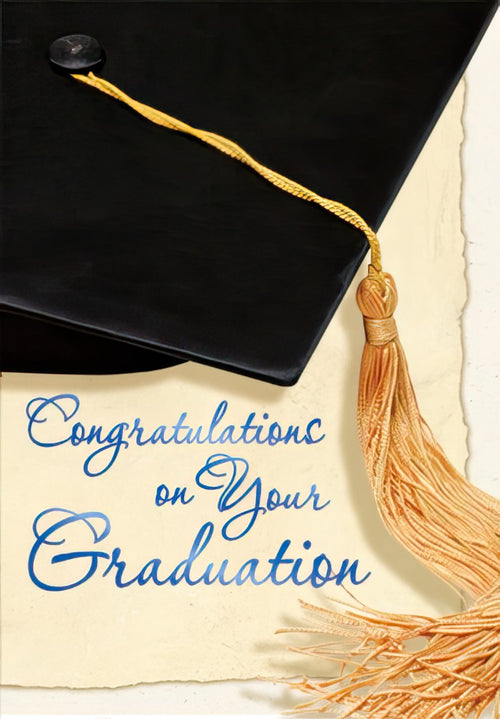 Elegant black graduation cap with golden tassel and 'Congratulations' message on a rustic parchment background, ideal for celebrating academic achievements.