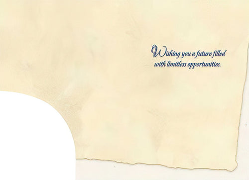 Inner view of a beige accomplishment card, featuring an inspiring message about future opportunities in blue script lettering.