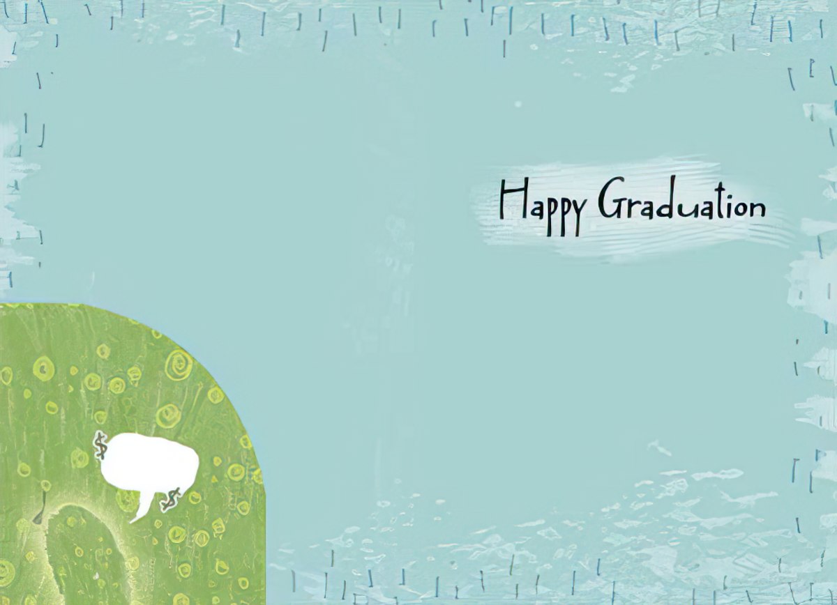 Inside of a light blue graduation greeting card with 'Happy Graduation' text and a glimpse of the pickle illustration.
