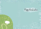 Inside of a humorous graduation card showing a light blue background with 'Happy Graduation' in a playful font, offering ample space for a personal message.