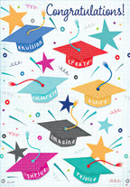Front of a vibrant and cheerful academic achievement card, featuring 'Congratulations!' text and seven colorful mortarboard caps with inspiring words like 'envision,' 'create,' 'aspire,' 'thrive,' and 'rejoice,' on a patterned background with stars and confetti.