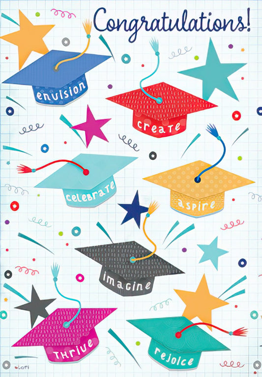 Front of a colorful graduation card featuring various graduation caps with inspiring words like 'envision,' 'create,' 'celebrate,' and 'congratulations.'