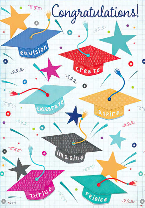 Vibrant graduation card front featuring 'Congratulations!' and colorful mortarboard caps with inspiring words like 'envision,' 'create,' 'celebrate,' 'aspire,' 'imagine,' 'thrive,' and 'rejoice' on a checkered background with stars and confetti. Perfect for celebrating academic achievements and new beginnings.