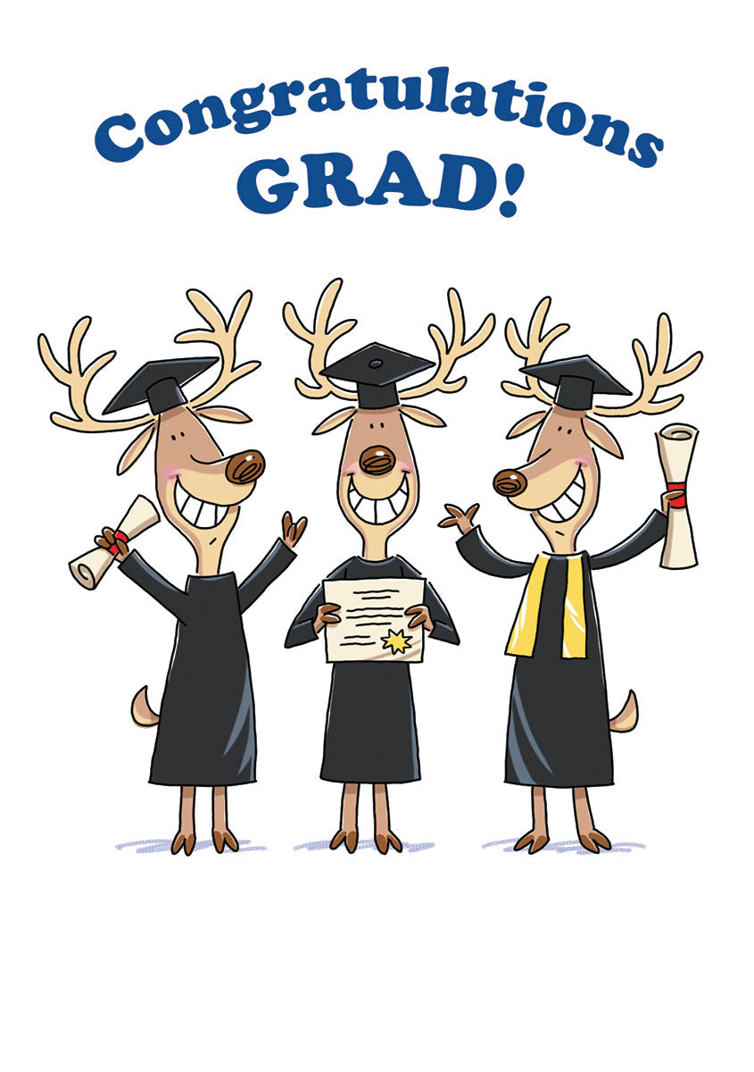 Funny graduation greeting card featuring three cartoon deer in caps and gowns celebrating with diplomas, text reads 'Congratulations GRAD!'