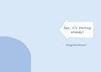 Inside a funny graduation card showing a pale blue background with a white arrow and text 'See, it's starting already! Congratulations!'