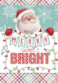 Festive greeting card featuring a cheerful Santa Claus peeking over a 'Merry and Bright' banner, surrounded by white snowflakes and colorful holiday lights, with a vibrant plaid border.