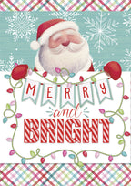 Festive greeting card featuring a cheerful Santa Claus peeking over a 'Merry and Bright' banner, surrounded by white snowflakes and colorful holiday lights, with a vibrant plaid border.