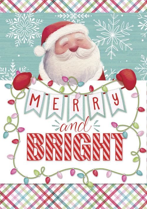 Whimsical holiday greeting card featuring a smiling Santa Claus peeking over a 'Merry and Bright' banner with colorful string lights and snowflakes on a plaid background, perfect for festive cheer.