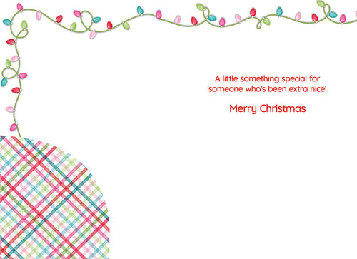 Inside view of a festive holiday card with a playful string light border and heartfelt message: 'A little something special for someone who's been extra nice! Merry Christmas', ready for personalized sentiments.