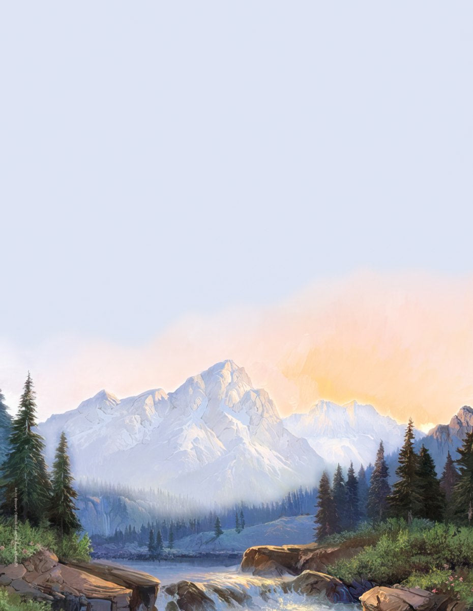 Stunning mountain landscape stationery featuring snow-capped peaks, evergreen forests, and a rushing river under a serene, golden-hued sky, perfect for nature lovers and inspiring notes.