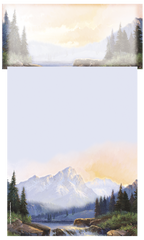 Full view of nature-inspired stationery sheet featuring a detailed mountain landscape design at the bottom, a faded mountain banner at the top, and ample blank space for writing.