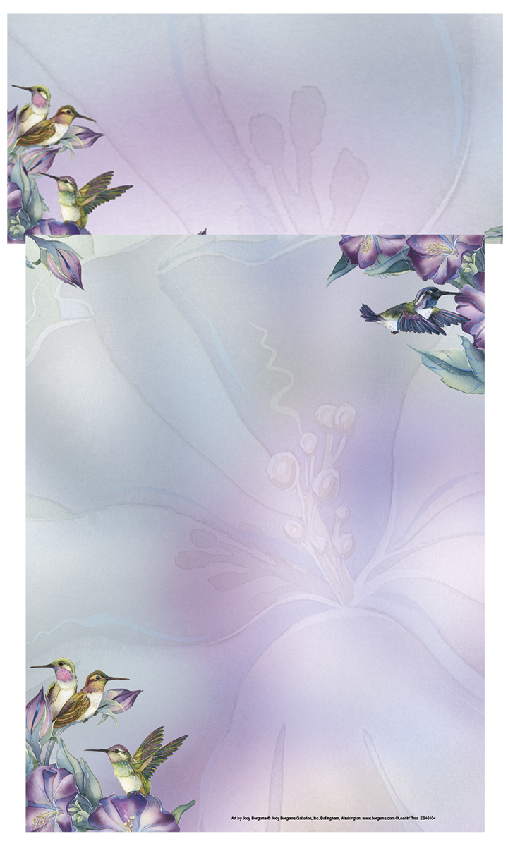 Stationery paper featuring watercolor hummingbirds and purple bell flowers on a faint lilac floral background, perfect for nature-themed notes and letters.