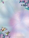 Elegant stationery featuring watercolor hummingbirds among purple and pink morning glory flowers on a soft pastel background, perfect for heartfelt messages and notes.