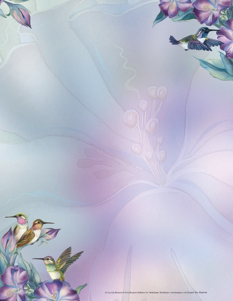 Elegant stationery featuring watercolor hummingbirds among purple and pink morning glory flowers on a soft pastel background, perfect for heartfelt messages and notes.