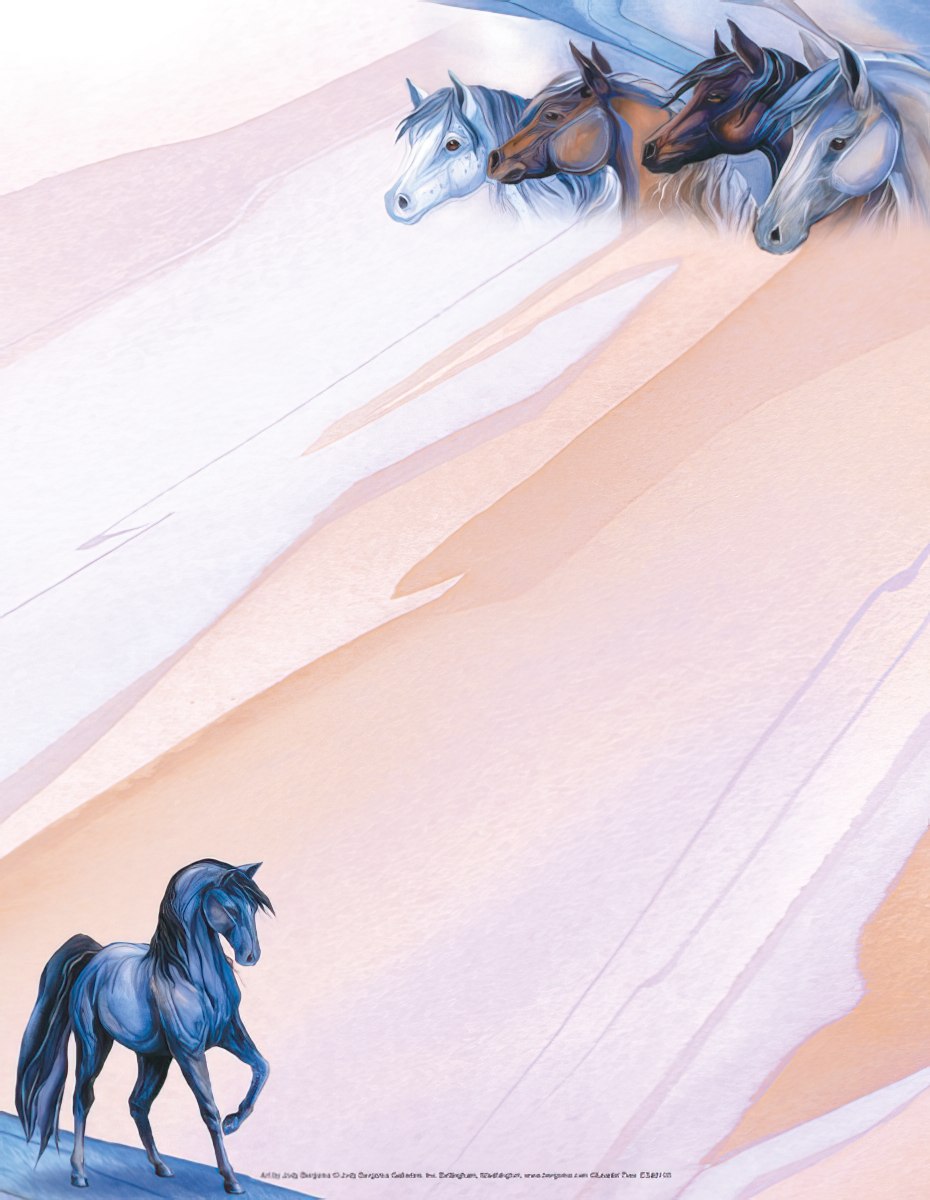Vibrant horse-themed stationery paper featuring a regal dark blue horse standing at the bottom left, with four diverse horse heads (white, brown, dark brown, and light grey) majestically emerging from the top right. The background has soft, flowing artistic strokes in shades of pale pink, peach, and white, creating an elegant and inspiring design for letter writing.