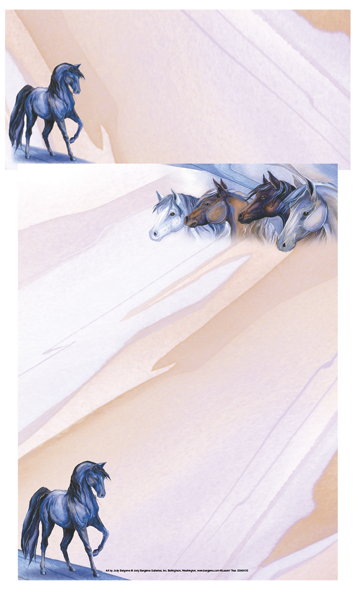 Elegant stationery paper featuring majestic blue and brown horses trotting and standing on a warm, soft pastel background. Ideal for horse lovers, equestrian enthusiasts, and thoughtful letter writing.