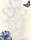 Elegant stationery paper featuring a vibrant design of blue irises and graceful monarch butterflies, ideal for heartfelt handwritten messages and special letters.