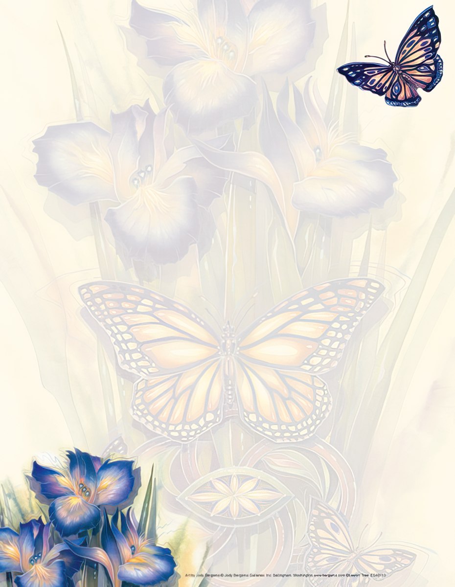 Elegant stationery paper featuring a vibrant design of blue irises and graceful monarch butterflies, ideal for heartfelt handwritten messages and special letters.
