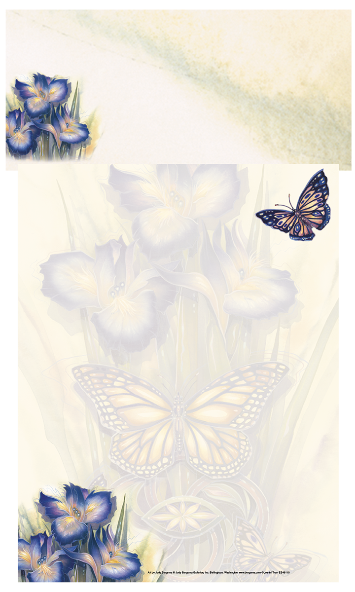 Elegant stationery letter paper featuring a vibrant watercolor illustration. The design includes clusters of purple and blue irises at the top and bottom corners, with a prominent monarch butterfly in the center and a smaller blue butterfly flying above. The background subtly showcases large, faded iris blooms, all set against a soft cream-colored paper ideal for writing.