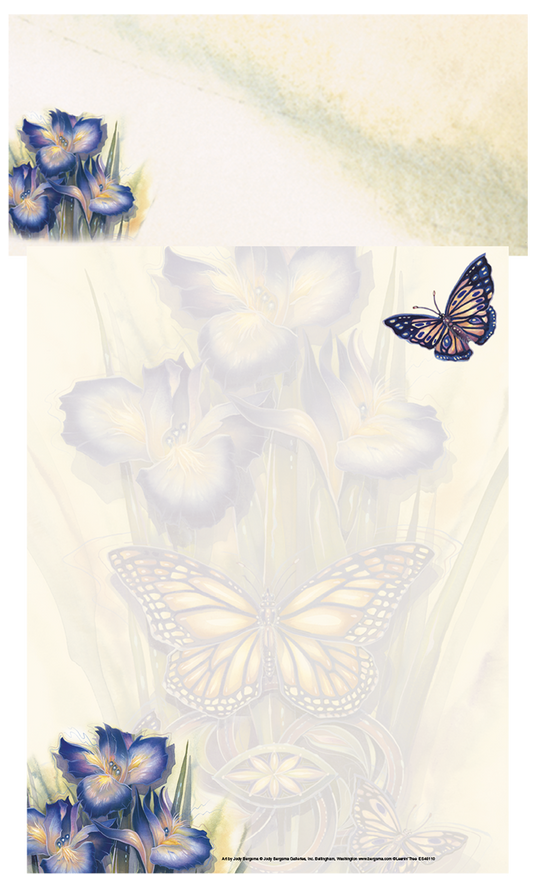 Elegant stationery with a watercolor design featuring prominent blue irises, a large golden-winged butterfly, and a smaller blue butterfly.