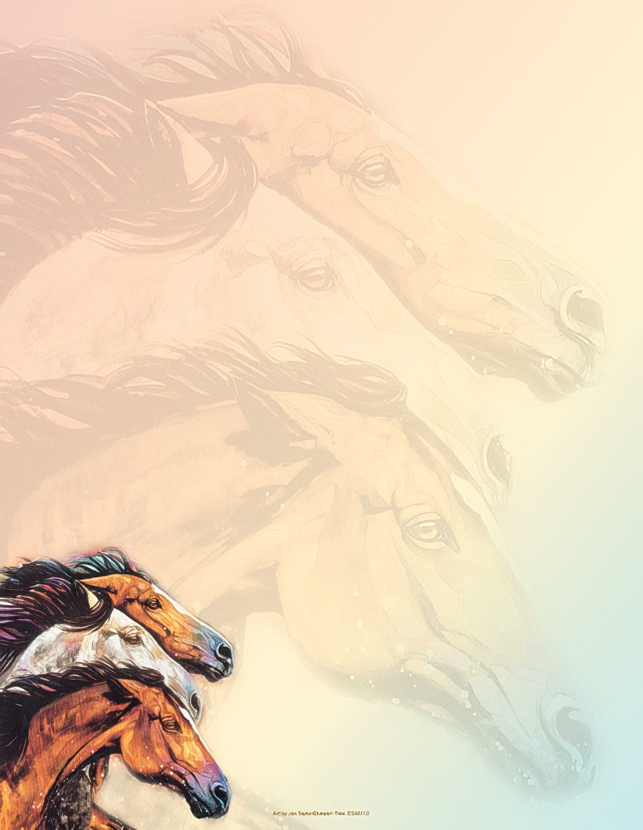 Vibrant horse stationery featuring three galloping horses with colorful accents, overlaid on a soft, ethereal background with ghosted horse silhouettes, perfect for inspiring notes.
