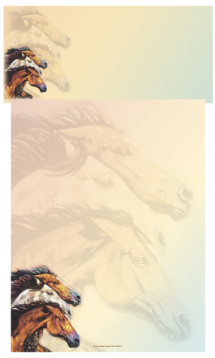 Equestrian themed stationery paper featuring watercolor illustrations of three dynamic horse heads galloping on the left and subtle faded horse silhouettes across the background, perfect for writing notes, letters, or creative projects.