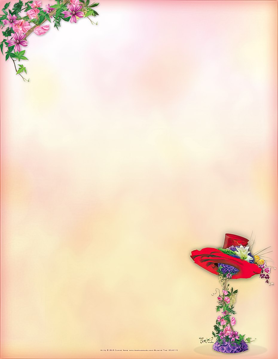 Elegant floral stationery paper with a soft gradient background, adorned with delicate pink and purple clematis-like flowers in the top-left corner and a stylish red hat blooming with colorful white and purple blossoms and green foliage in the bottom-right, perfect for heartfelt letters, notes, or invitations.