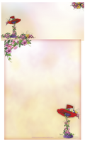 A delightful stationery sheet featuring a red hat overflowing with vibrant purple, pink, and yellow flowers in the top left and bottom right corners. Delicate pink clematis vines and green ivy adorn the left edge, all set against a soft, gradient background of peach and cream. Perfect for elegant letter writing and personal correspondence.
