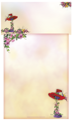 Stack of elegant floral stationery sheets with a gentle gradient background, adorned with clematis flowers and a charming red hat design.