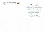 Interior of a religious birthday greeting card with elegant script, featuring a small butterfly. Text includes 'May you be filled with joy. Colossians 1:11' and 'Hope your day is overflowing with God's never-ending joy and brightest blessings. Happy Birthday'.