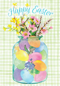 Vibrant watercolor Easter greeting card featuring a clear mason jar filled with pastel eggs and a bouquet of spring flowers including pink cherry blossoms, yellow forsythia, and delicate pussy willows, all set against a cheerful green gingham background with 'Happy Easter' script.
