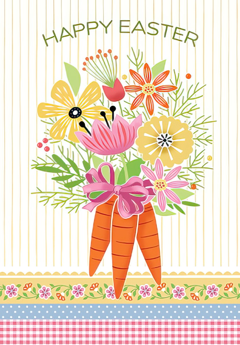 Colorful Happy Easter greeting card front featuring a vibrant spring floral bouquet, orange carrots tied with a pink bow, and cheerful striped background with decorative borders.