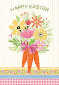 Colorful Happy Easter greeting card front featuring a vibrant spring floral bouquet, orange carrots tied with a pink bow, and cheerful striped background with decorative borders.