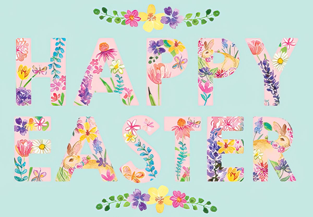 Front of a delightful spring greeting card featuring 'HAPPY EASTER' spelled out in colorful floral letters, adorned with illustrations of bunnies, butterflies, and vibrant blossoms, against a soft mint green background.