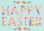 Vibrant watercolor 'HAPPY EASTER' greeting card for children, featuring playful bunnies and colorful spring flowers on a pastel blue background, perfect for a cute spring celebration.