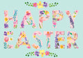 Vibrant watercolor 'HAPPY EASTER' greeting card for children, featuring playful bunnies and colorful spring flowers on a pastel blue background, perfect for a cute spring celebration.