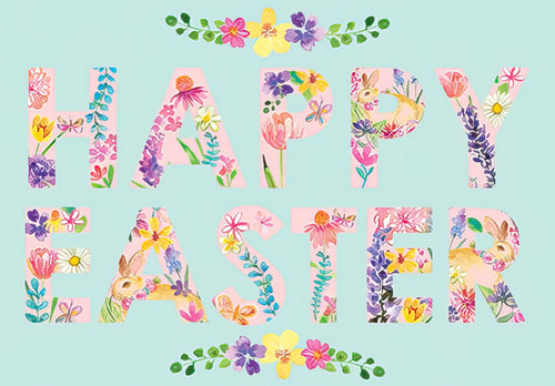 Vibrant watercolor 'HAPPY EASTER' greeting card for children, featuring playful bunnies and colorful spring flowers on a pastel blue background, perfect for a cute spring celebration.