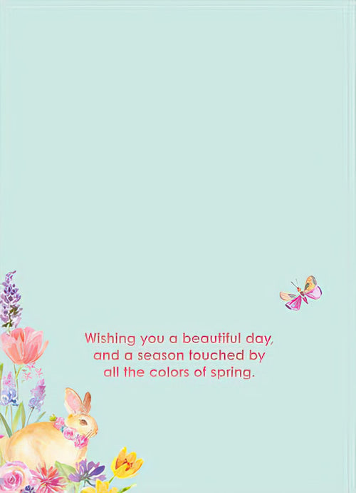 Inside of a charming spring greeting card with a sweet message: 'Wishing you a beautiful day, and a season touched by all the colors of spring,' adorned with a watercolor bunny, flowers, and a butterfly in the corner.