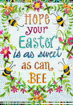 Cute Easter greeting card for child with 'Hope your Easter is as sweet as can BEE' message, featuring colorful bees, flowers, and vibrant foliage on a striped background.