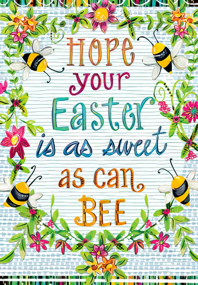 Cute Easter greeting card for child with 'Hope your Easter is as sweet as can BEE' message, featuring colorful bees, flowers, and vibrant foliage on a striped background.