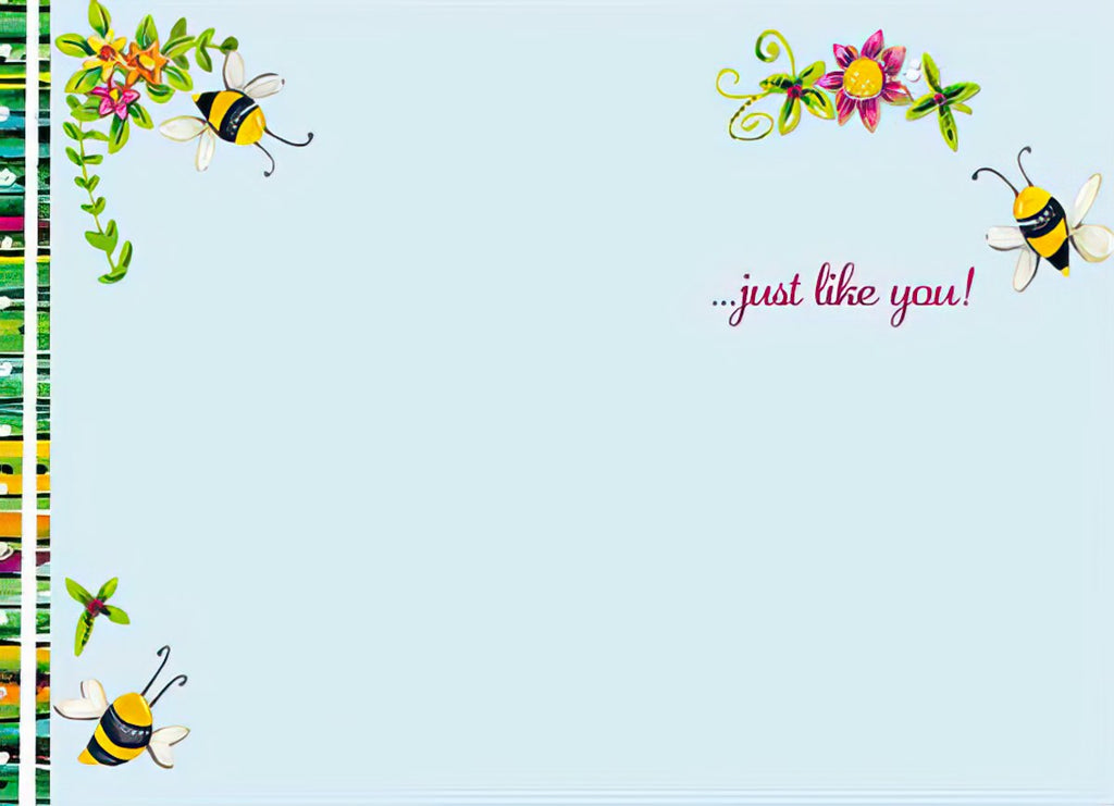 Inside of a cute Easter card for children, with '...just like you!' message, adorned with cheerful bees and colorful floral corner designs on a light blue background.