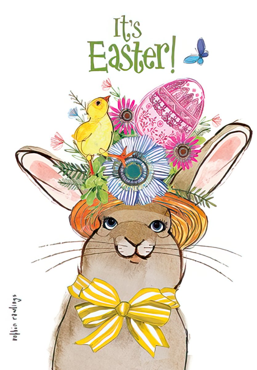 Cute illustrated greeting card featuring a friendly bunny wearing a flower crown with a yellow chick, decorative egg, and butterfly. Perfect for spring celebrations and sending happy wishes to kids.