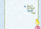 Inside view of a cute spring greeting card with ample blank space for a personalized message, decorated with a yellow chick on a pink patterned egg and a blue butterfly, alongside the phrase 'Time to get your fancy on!'.