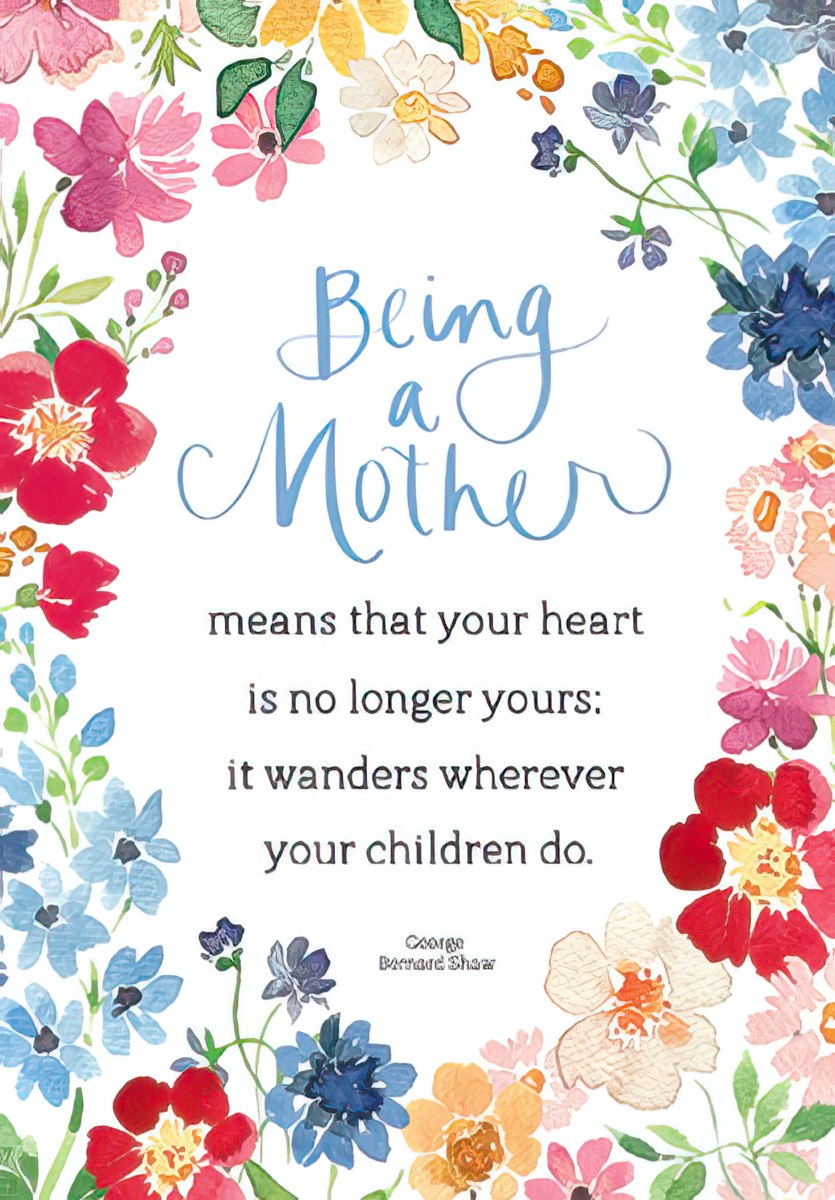Mother's Day card front with watercolor floral border and 'Being a Mother' quote by George Bernard Shaw.