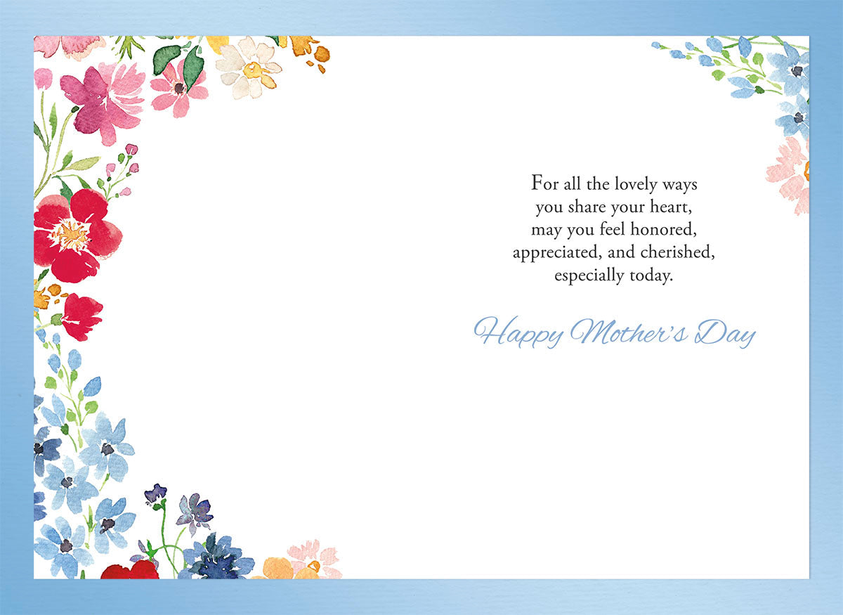 Inside of Mother's Day card with watercolor floral border and a heartfelt 'Happy Mother's Day' message.