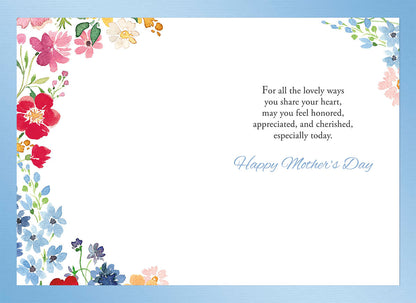 Inside of Mother's Day card with watercolor floral border and a heartfelt 'Happy Mother's Day' message.
