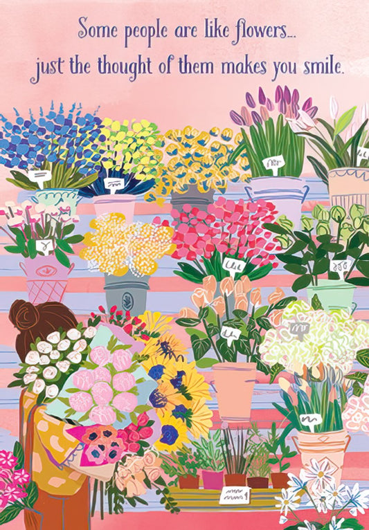 A vibrant illustration of a woman holding a large bouquet in a bustling flower shop, surrounded by colorful potted plants and blooms.