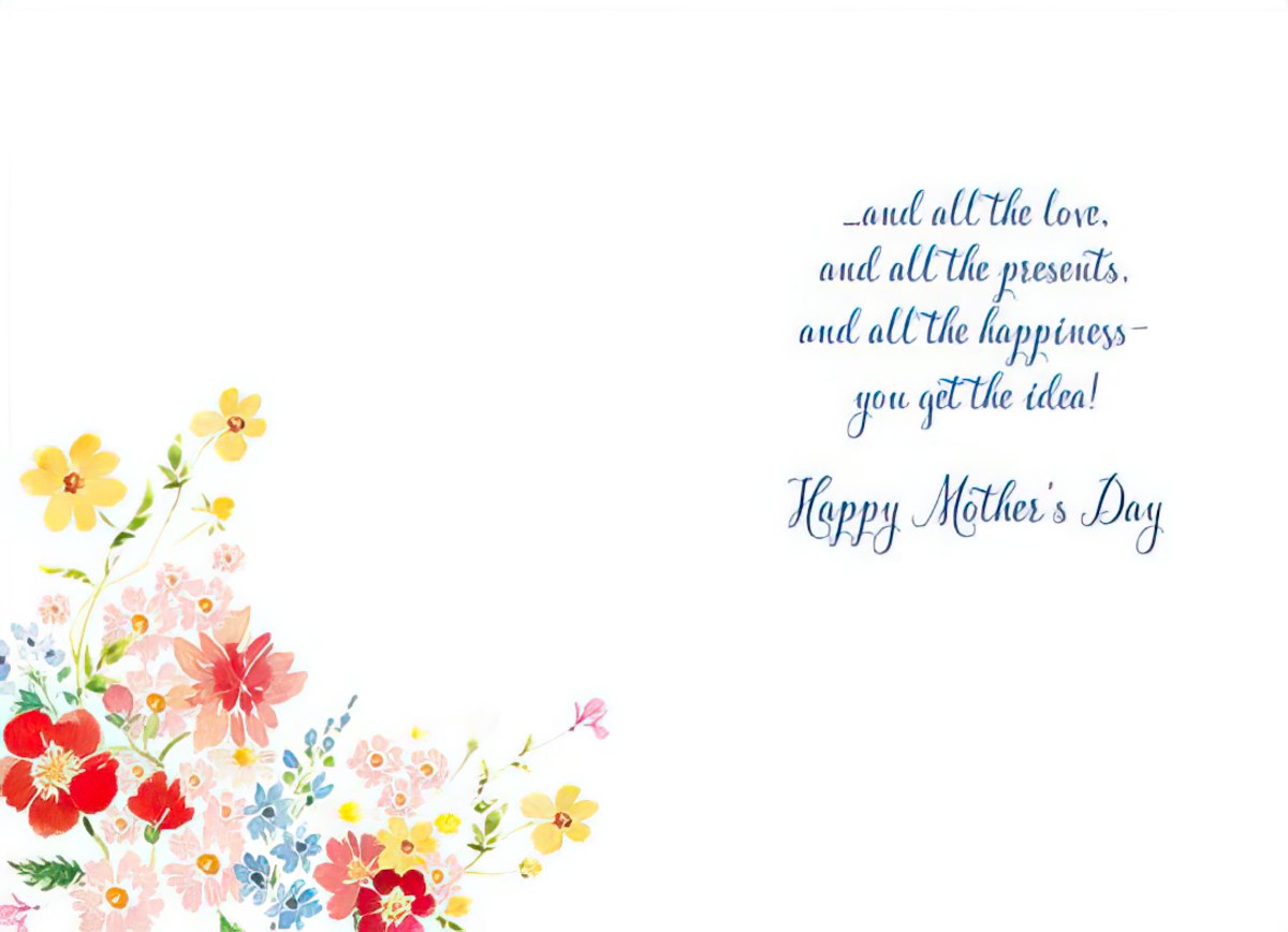 Inside of a watercolor Mother's Day card with a floral border and 'and all the love... Happy Mother's Day' message.